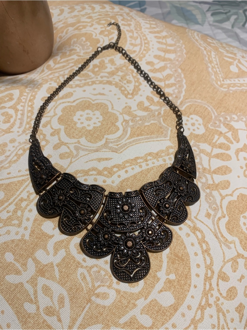 Antique-Inspired Floral Filigree Bib Necklace - Bronze